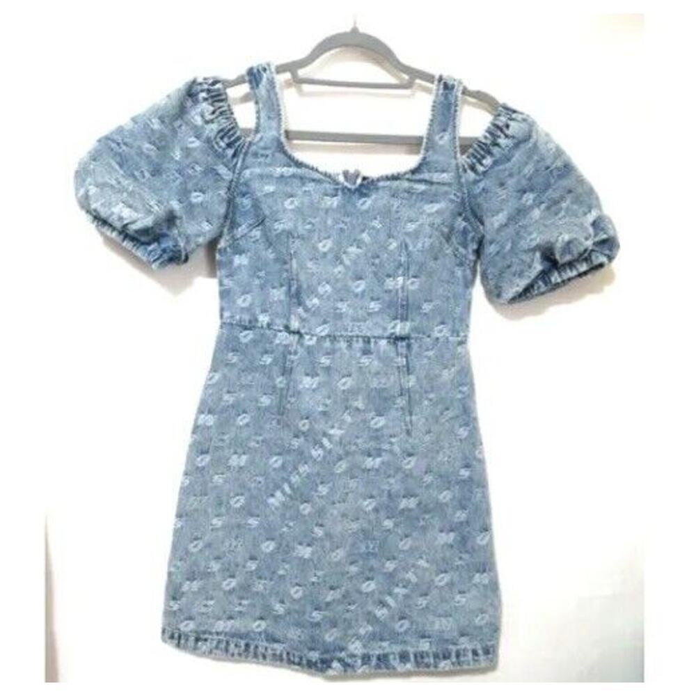Miss Sixty S Y2K Blue Denim Mini Dress Off the Shoulder logo fall casual $300